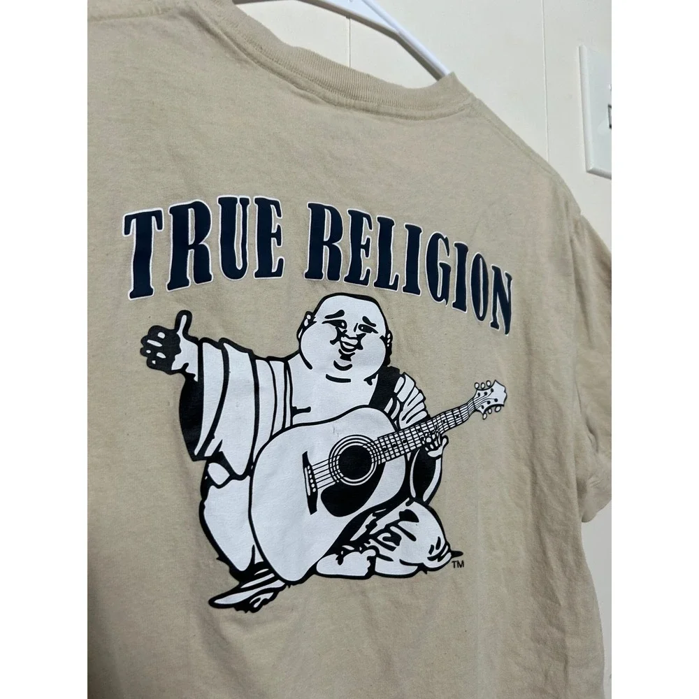 True Religion Mens Tan Buddha Guitar Graphic T-Shirt Horseshoe Logo Small Beige